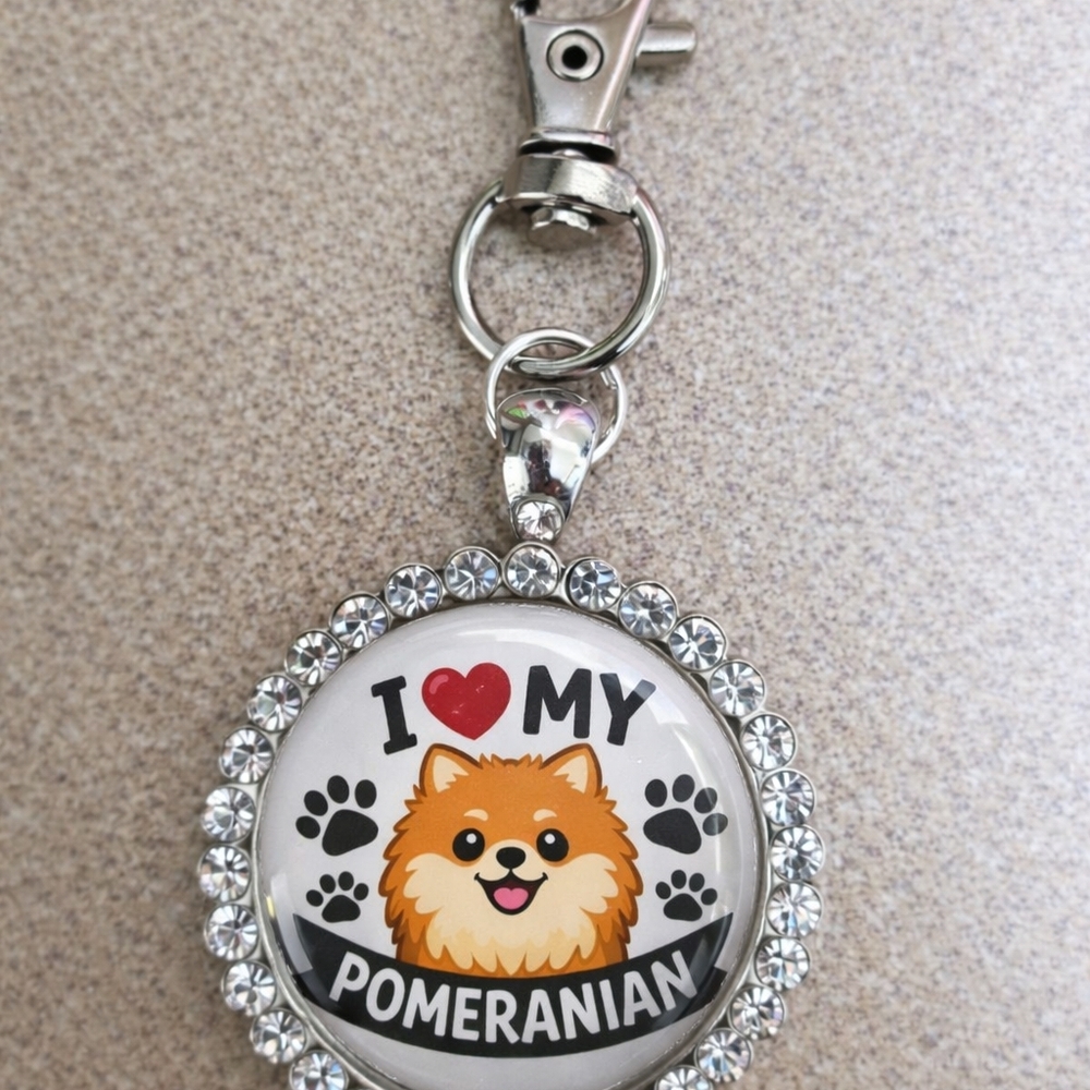 Silver Pomeranian Key Holder I Love My Pomeranian Keychain Rhinestones